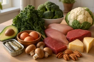 Alimentos frescos e saudáveis dispostos numa cozinha iluminada à luz natural