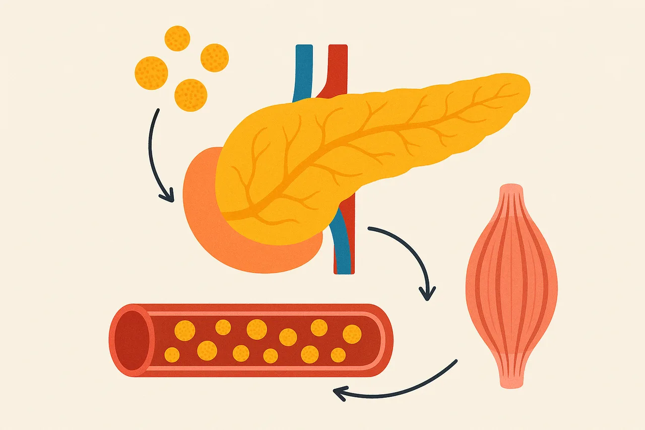 Pâncreas Sobrecarregado - Ilustração do pâncreas e sua função no metabolismo da glicose