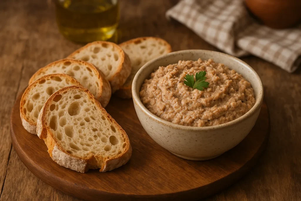 Patê de sardinha assada numa taça com fatias de pão tradicional português numa cozinha caseira