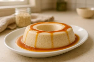 Pudim rápido de aveia com caramelo numa travessa branca na cozinha