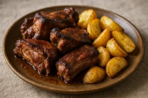 Queixadas de porco assadas no forno com batatas, prato tradicional português