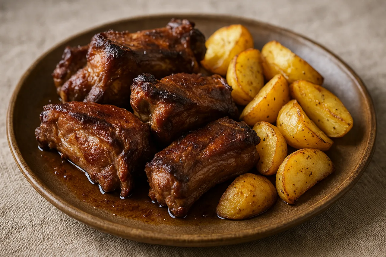 Queixadas de porco assadas no forno com batatas, prato tradicional português