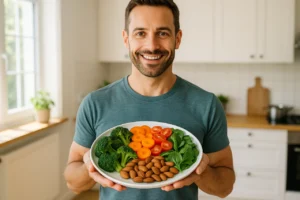 Homem saudável com prato de legumes e castanhas, símbolo de alimentação equilibrada para saúde do fígado