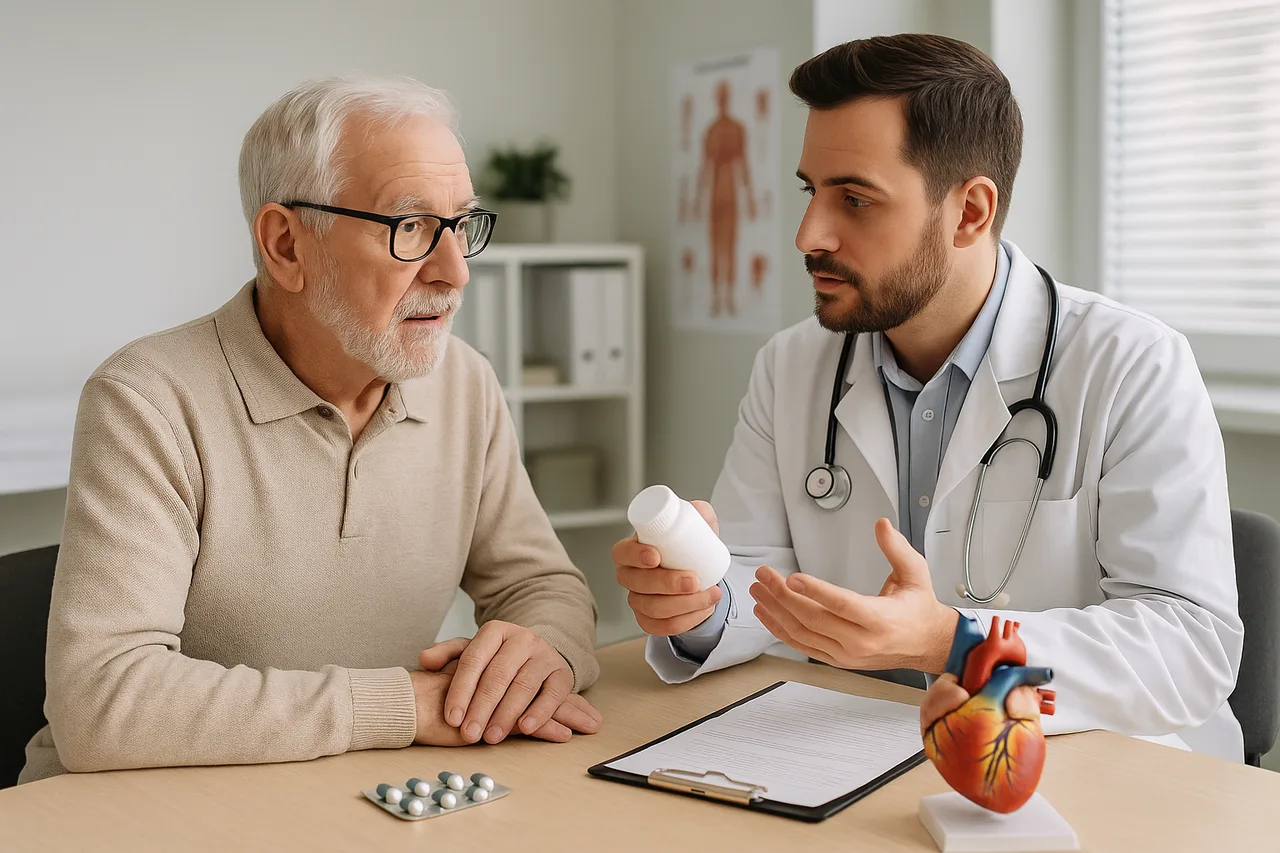 Risco Cardíaco após os 60 - Idoso em consulta médica com médico discutindo medicamento e saúde cardíaca
