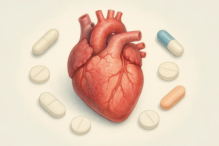 Coração humano e comprimidos comuns representando medicamentos que podem afetar a saúde cardíaca