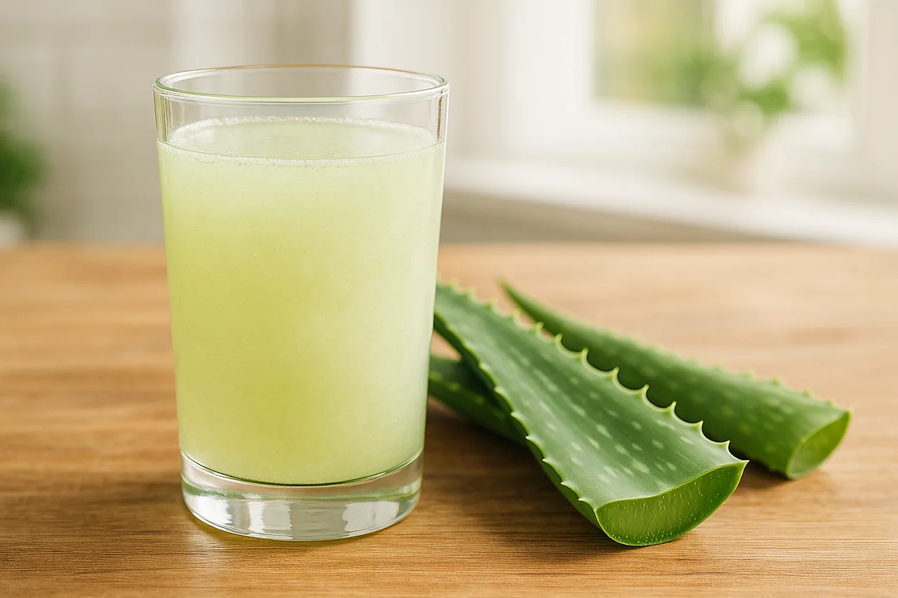 Copo de suco de babosa fresco junto a folhas de babosa numa bancada de madeira