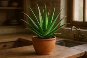 Planta de babosa saudável em vaso de barro numa cozinha natural
