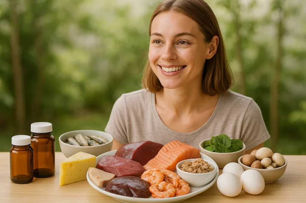 Suplemento de vitamina B12 e alimentos ricos em vitamina B12 para saúde e bem-estar