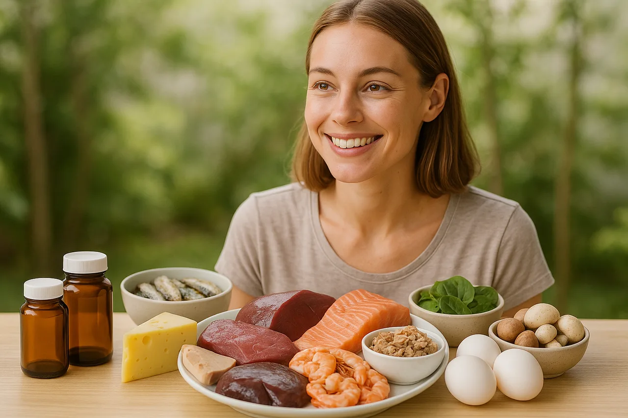 Suplemento de vitamina B12 e alimentos ricos em vitamina B12 para saúde e bem-estar