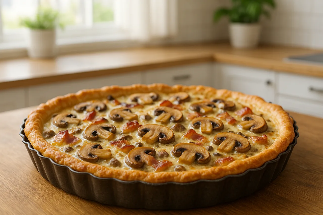 Tarte salgada de cogumelos com bacon acabada de sair do forno