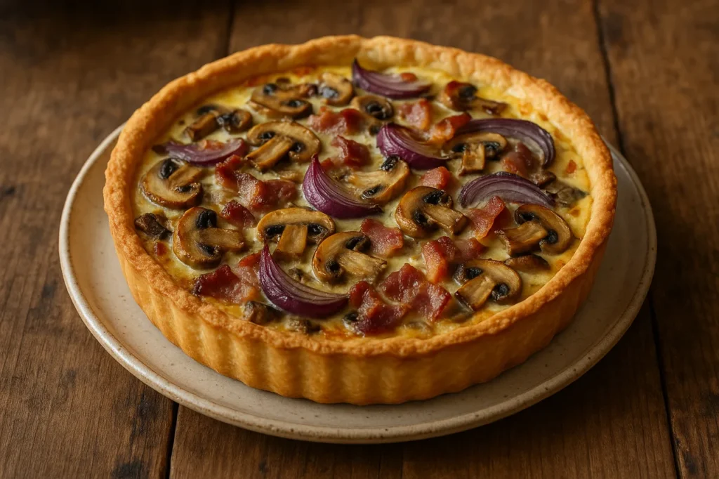Tarte de cogumelos com bacon e cebola roxa num prato rústico