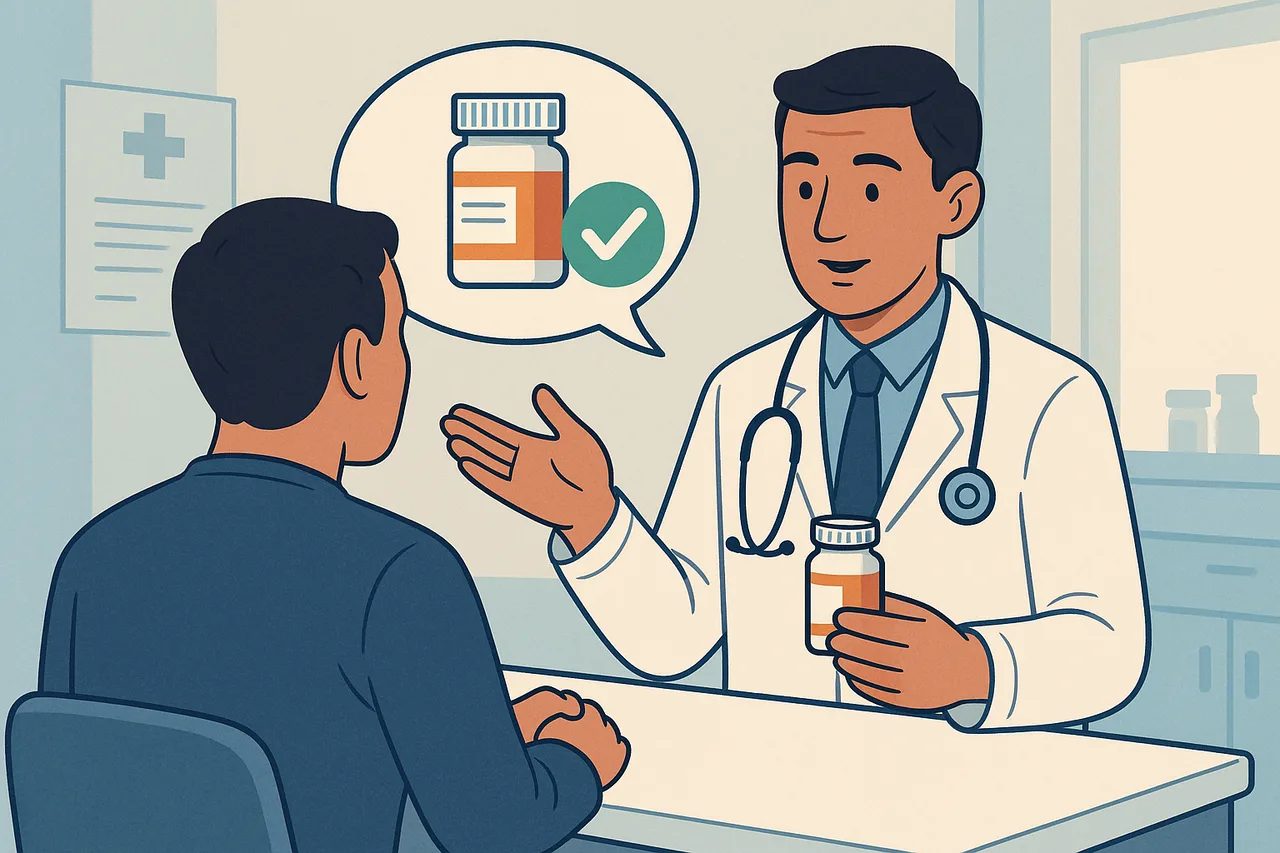 Médico a explicar a um paciente cuidados no uso de medicamentos em ambiente hospitalar